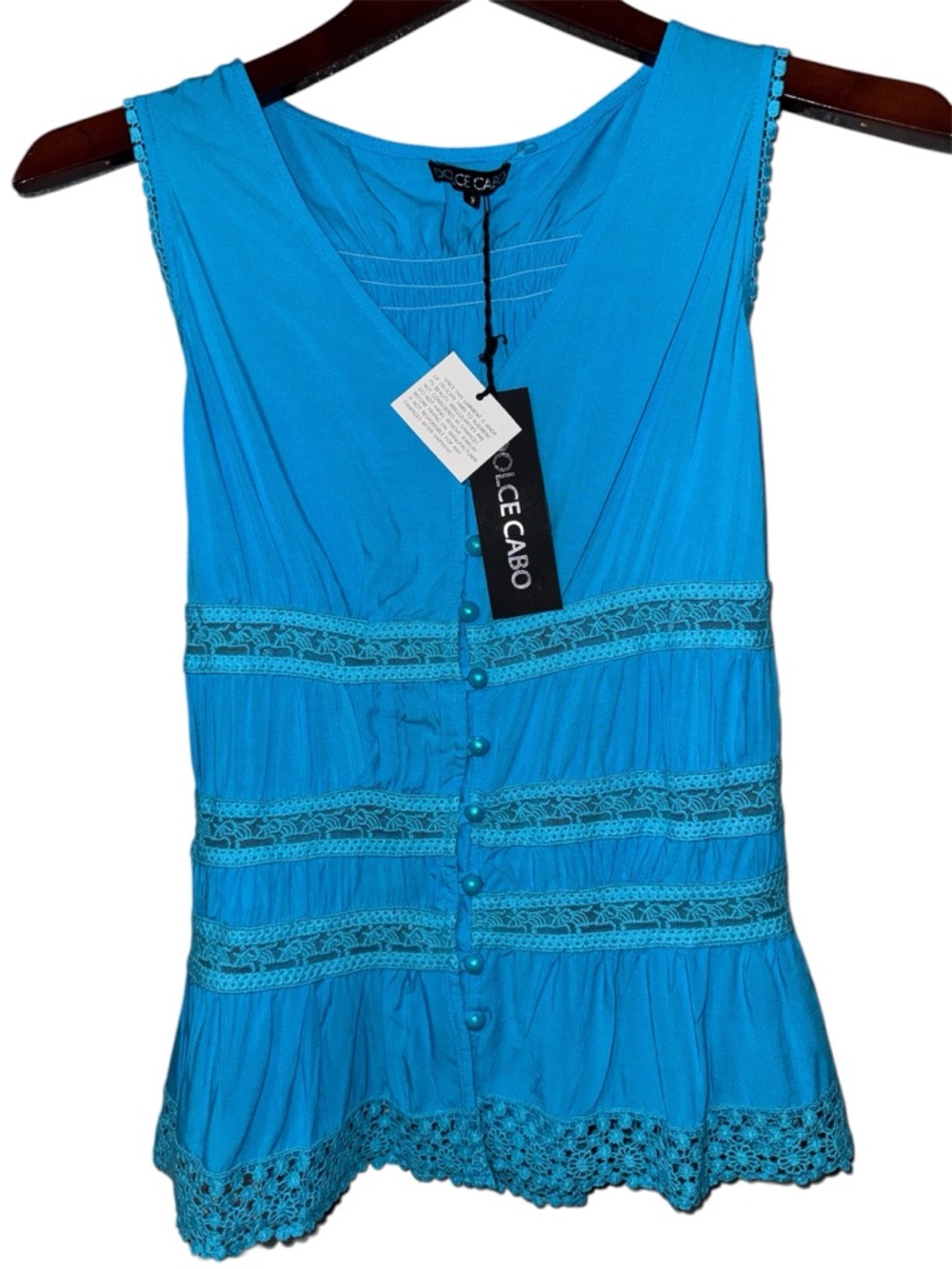 NWT Dolce Cabo Women’s Aqua Lace-Trim Sleeveless Top Size S